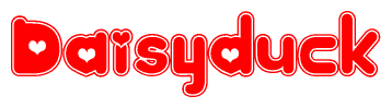   The image is a clipart featuring the word Daisyduck written in a stylized font with a heart shape replacing inserted into the center of each letter. The color scheme of the text and hearts is red with a light outline. 