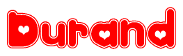 The image is a red and white graphic with the word Durand written in a decorative script. Each letter in  is contained within its own outlined bubble-like shape. Inside each letter, there is a white heart symbol.