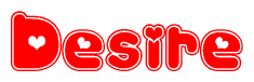 The image is a clipart featuring the word Desire written in a stylized font with a heart shape replacing inserted into the center of each letter. The color scheme of the text and hearts is red with a light outline.