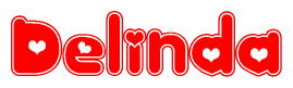 The image is a red and white graphic with the word Delinda written in a decorative script. Each letter in  is contained within its own outlined bubble-like shape. Inside each letter, there is a white heart symbol.