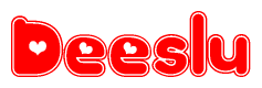 The image displays the word Deeslu written in a stylized red font with hearts inside the letters.