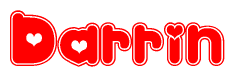 The image is a red and white graphic with the word Darrin written in a decorative script. Each letter in  is contained within its own outlined bubble-like shape. Inside each letter, there is a white heart symbol.