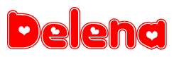 The image is a clipart featuring the word Delena written in a stylized font with a heart shape replacing inserted into the center of each letter. The color scheme of the text and hearts is red with a light outline.