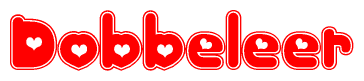 The image is a red and white graphic with the word Dobbeleer written in a decorative script. Each letter in  is contained within its own outlined bubble-like shape. Inside each letter, there is a white heart symbol.