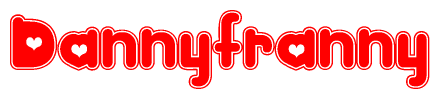The image is a red and white graphic with the word Dannyfranny written in a decorative script. Each letter in  is contained within its own outlined bubble-like shape. Inside each letter, there is a white heart symbol.