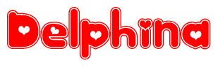 The image is a clipart featuring the word Delphina written in a stylized font with a heart shape replacing inserted into the center of each letter. The color scheme of the text and hearts is red with a light outline.