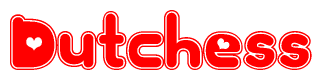 The image is a red and white graphic with the word Dutchess written in a decorative script. Each letter in  is contained within its own outlined bubble-like shape. Inside each letter, there is a white heart symbol.