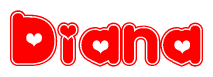 The image is a clipart featuring the word Diana written in a stylized font with a heart shape replacing inserted into the center of each letter. The color scheme of the text and hearts is red with a light outline.