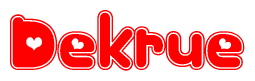The image is a clipart featuring the word Dekrue written in a stylized font with a heart shape replacing inserted into the center of each letter. The color scheme of the text and hearts is red with a light outline.