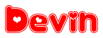 The image is a clipart featuring the word Devin written in a stylized font with a heart shape replacing inserted into the center of each letter. The color scheme of the text and hearts is red with a light outline.