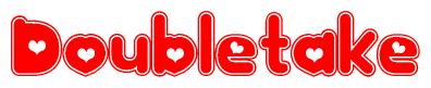 The image displays the word Doubletake written in a stylized red font with hearts inside the letters.