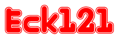 The image is a red and white graphic with the word Eck121 written in a decorative script. Each letter in  is contained within its own outlined bubble-like shape. Inside each letter, there is a white heart symbol.