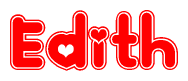 The image is a clipart featuring the word Edith written in a stylized font with a heart shape replacing inserted into the center of each letter. The color scheme of the text and hearts is red with a light outline.