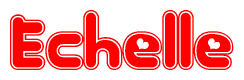 The image is a red and white graphic with the word Echelle written in a decorative script. Each letter in  is contained within its own outlined bubble-like shape. Inside each letter, there is a white heart symbol.