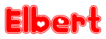 The image is a red and white graphic with the word Elbert written in a decorative script. Each letter in  is contained within its own outlined bubble-like shape. Inside each letter, there is a white heart symbol.