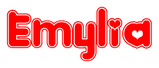 The image is a clipart featuring the word Emylia written in a stylized font with a heart shape replacing inserted into the center of each letter. The color scheme of the text and hearts is red with a light outline.