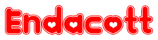 The image is a red and white graphic with the word Endacott written in a decorative script. Each letter in  is contained within its own outlined bubble-like shape. Inside each letter, there is a white heart symbol.