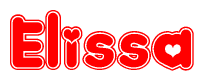 The image is a red and white graphic with the word Elissa written in a decorative script. Each letter in  is contained within its own outlined bubble-like shape. Inside each letter, there is a white heart symbol.