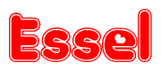 The image is a red and white graphic with the word Essel written in a decorative script. Each letter in  is contained within its own outlined bubble-like shape. Inside each letter, there is a white heart symbol.