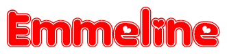 The image is a red and white graphic with the word Emmeline written in a decorative script. Each letter in  is contained within its own outlined bubble-like shape. Inside each letter, there is a white heart symbol.
