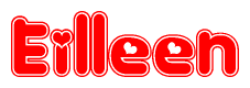 The image is a red and white graphic with the word Eilleen written in a decorative script. Each letter in  is contained within its own outlined bubble-like shape. Inside each letter, there is a white heart symbol.
