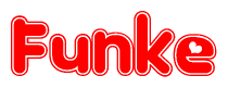 The image is a clipart featuring the word Funke written in a stylized font with a heart shape replacing inserted into the center of each letter. The color scheme of the text and hearts is red with a light outline.