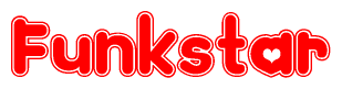 The image is a red and white graphic with the word Funkstar written in a decorative script. Each letter in  is contained within its own outlined bubble-like shape. Inside each letter, there is a white heart symbol.