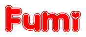 The image displays the word Fumi written in a stylized red font with hearts inside the letters.