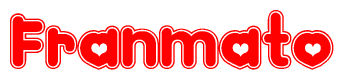 The image is a clipart featuring the word Franmato written in a stylized font with a heart shape replacing inserted into the center of each letter. The color scheme of the text and hearts is red with a light outline.