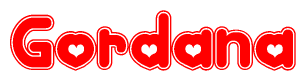 The image is a clipart featuring the word Gordana written in a stylized font with a heart shape replacing inserted into the center of each letter. The color scheme of the text and hearts is red with a light outline.