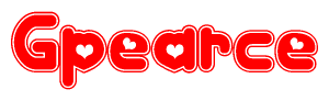 The image is a red and white graphic with the word Gpearce written in a decorative script. Each letter in  is contained within its own outlined bubble-like shape. Inside each letter, there is a white heart symbol.