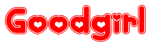 The image is a red and white graphic with the word Goodgirl written in a decorative script. Each letter in  is contained within its own outlined bubble-like shape. Inside each letter, there is a white heart symbol.