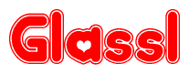 The image is a red and white graphic with the word Glassl written in a decorative script. Each letter in  is contained within its own outlined bubble-like shape. Inside each letter, there is a white heart symbol.