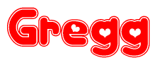 The image is a red and white graphic with the word Gregg written in a decorative script. Each letter in  is contained within its own outlined bubble-like shape. Inside each letter, there is a white heart symbol.