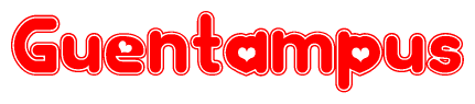 The image is a red and white graphic with the word Guentampus written in a decorative script. Each letter in  is contained within its own outlined bubble-like shape. Inside each letter, there is a white heart symbol.