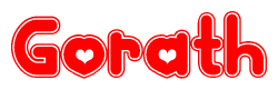 The image is a red and white graphic with the word Gorath written in a decorative script. Each letter in  is contained within its own outlined bubble-like shape. Inside each letter, there is a white heart symbol.