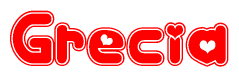 The image is a red and white graphic with the word Grecia written in a decorative script. Each letter in  is contained within its own outlined bubble-like shape. Inside each letter, there is a white heart symbol.