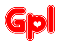 The image is a red and white graphic with the word Gpl written in a decorative script. Each letter in  is contained within its own outlined bubble-like shape. Inside each letter, there is a white heart symbol.
