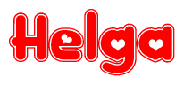 The image is a red and white graphic with the word Helga written in a decorative script. Each letter in  is contained within its own outlined bubble-like shape. Inside each letter, there is a white heart symbol.