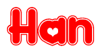 The image is a clipart featuring the word Han written in a stylized font with a heart shape replacing inserted into the center of each letter. The color scheme of the text and hearts is red with a light outline.