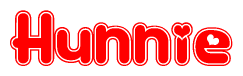 The image is a red and white graphic with the word Hunnie written in a decorative script. Each letter in  is contained within its own outlined bubble-like shape. Inside each letter, there is a white heart symbol.