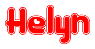 The image is a red and white graphic with the word Helyn written in a decorative script. Each letter in  is contained within its own outlined bubble-like shape. Inside each letter, there is a white heart symbol.