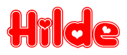 The image is a red and white graphic with the word Hilde written in a decorative script. Each letter in  is contained within its own outlined bubble-like shape. Inside each letter, there is a white heart symbol.