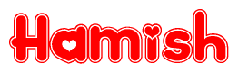 The image is a clipart featuring the word Hamish written in a stylized font with a heart shape replacing inserted into the center of each letter. The color scheme of the text and hearts is red with a light outline.