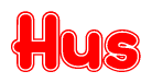 The image is a red and white graphic with the word Hus written in a decorative script. Each letter in  is contained within its own outlined bubble-like shape. Inside each letter, there is a white heart symbol.