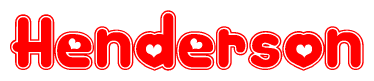 The image is a red and white graphic with the word Henderson written in a decorative script. Each letter in  is contained within its own outlined bubble-like shape. Inside each letter, there is a white heart symbol.