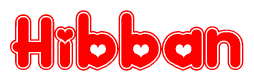 The image is a red and white graphic with the word Hibban written in a decorative script. Each letter in  is contained within its own outlined bubble-like shape. Inside each letter, there is a white heart symbol.