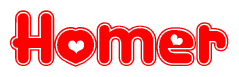 The image is a red and white graphic with the word Homer written in a decorative script. Each letter in  is contained within its own outlined bubble-like shape. Inside each letter, there is a white heart symbol.