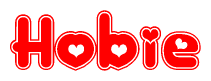 The image displays the word Hobie written in a stylized red font with hearts inside the letters.