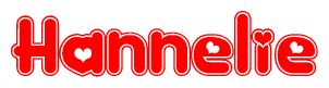 The image is a red and white graphic with the word Hannelie written in a decorative script. Each letter in  is contained within its own outlined bubble-like shape. Inside each letter, there is a white heart symbol.
